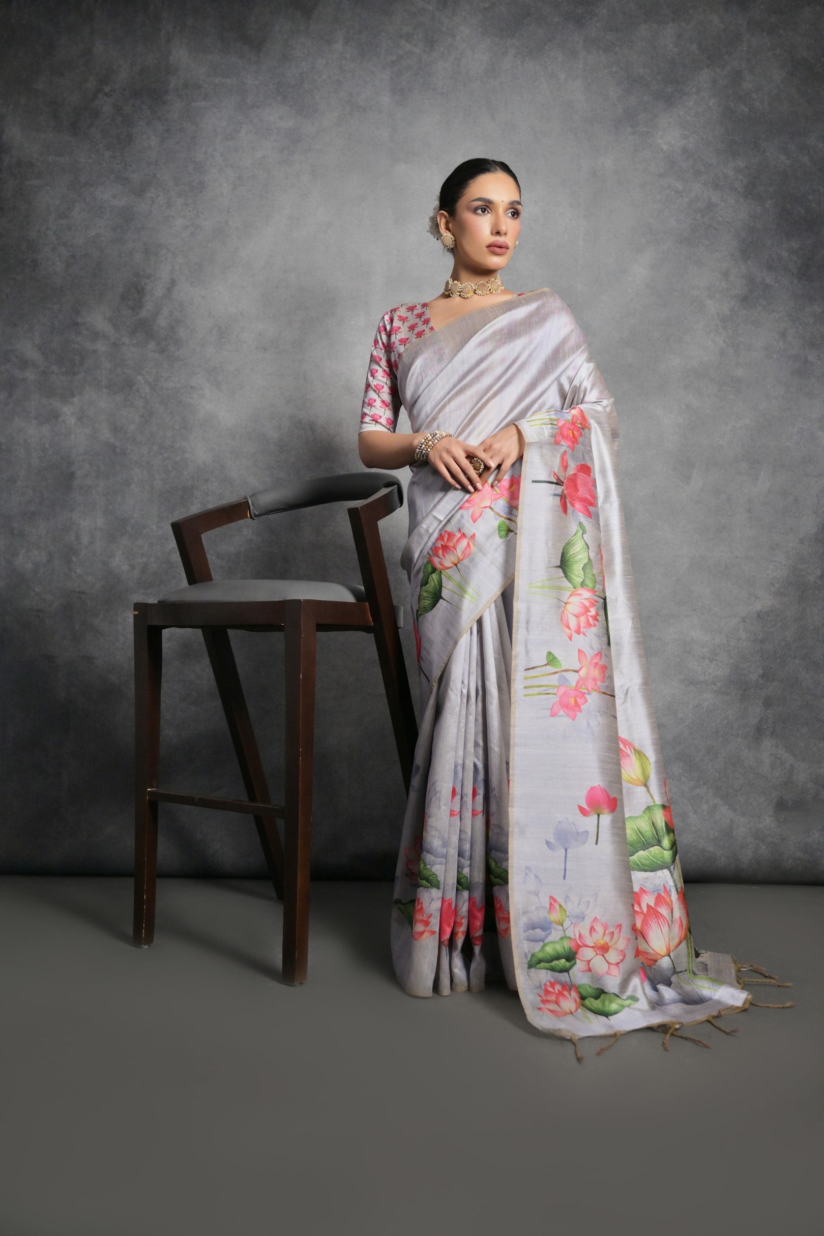 Grey Printed Soft Tussar Silk Designer Saree
