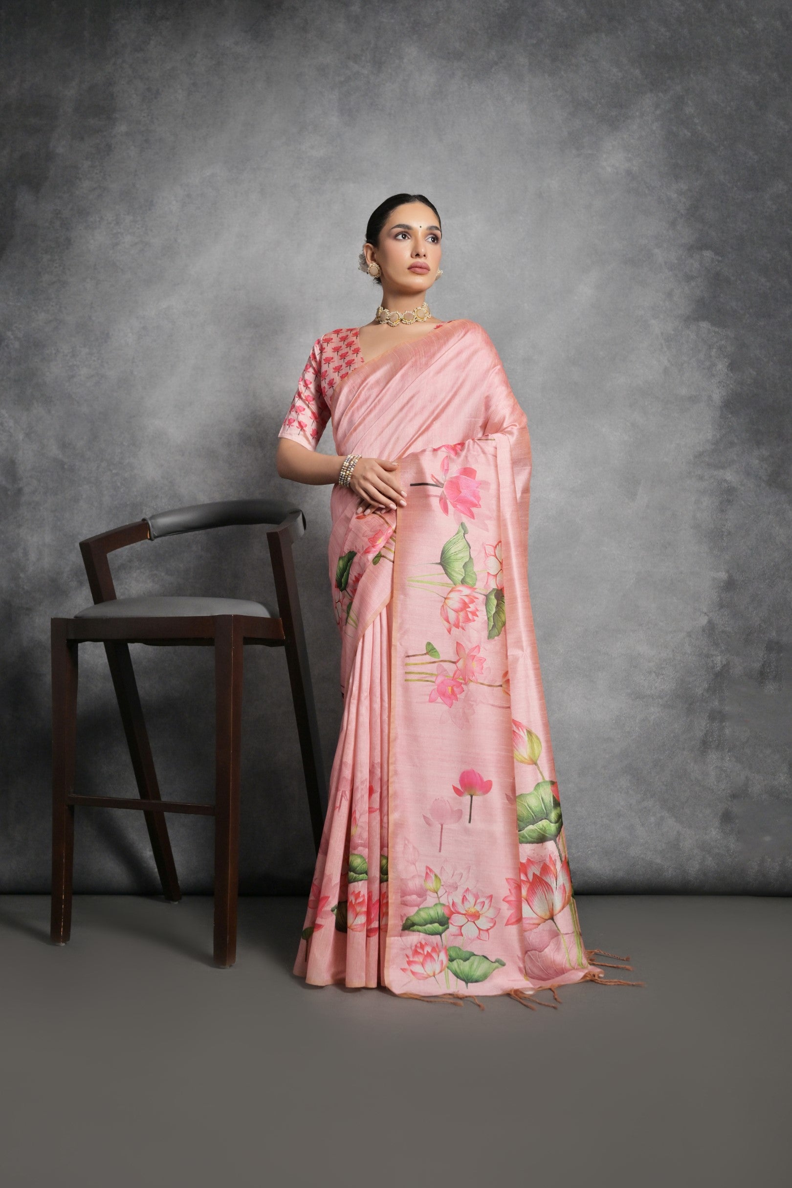 Peach Printed Soft Tussar Silk Designer Saree