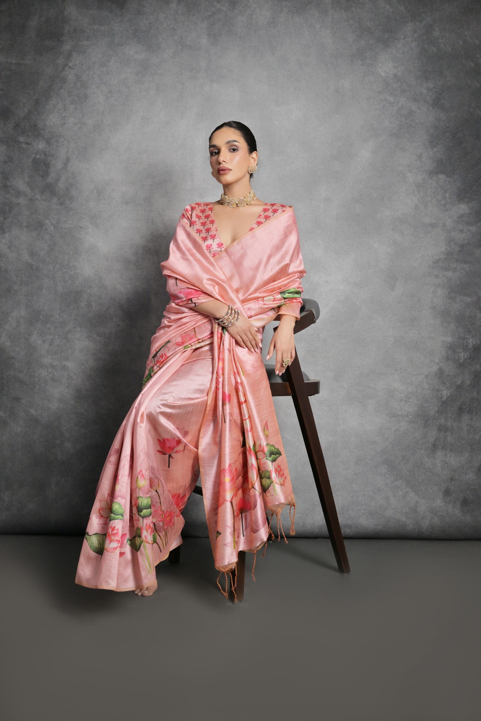 Peach Printed Soft Tussar Silk Designer Saree