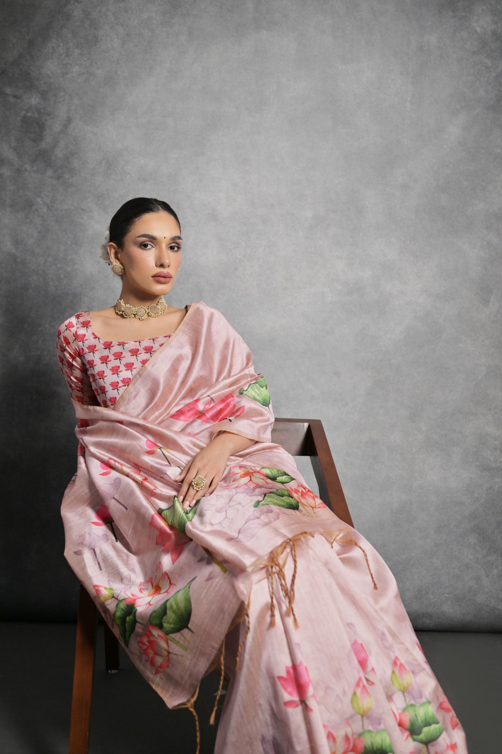 Pink Printed Soft Tussar Silk Designer Saree