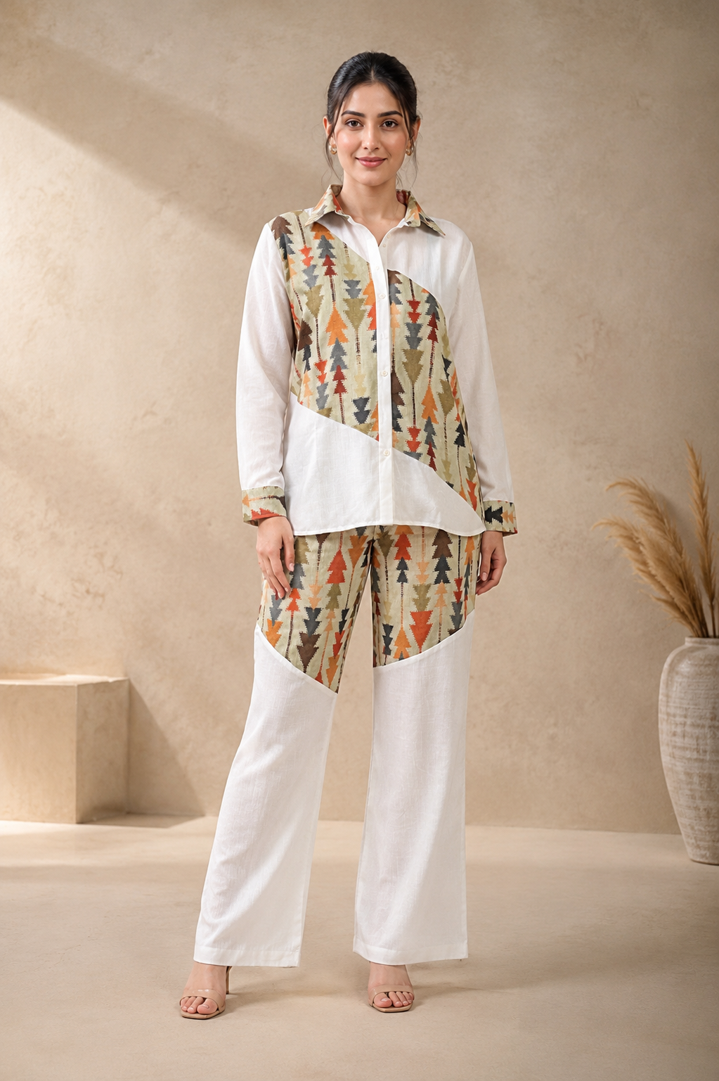 Pista Color Geometric Print Linen Co-Ord Set For Women