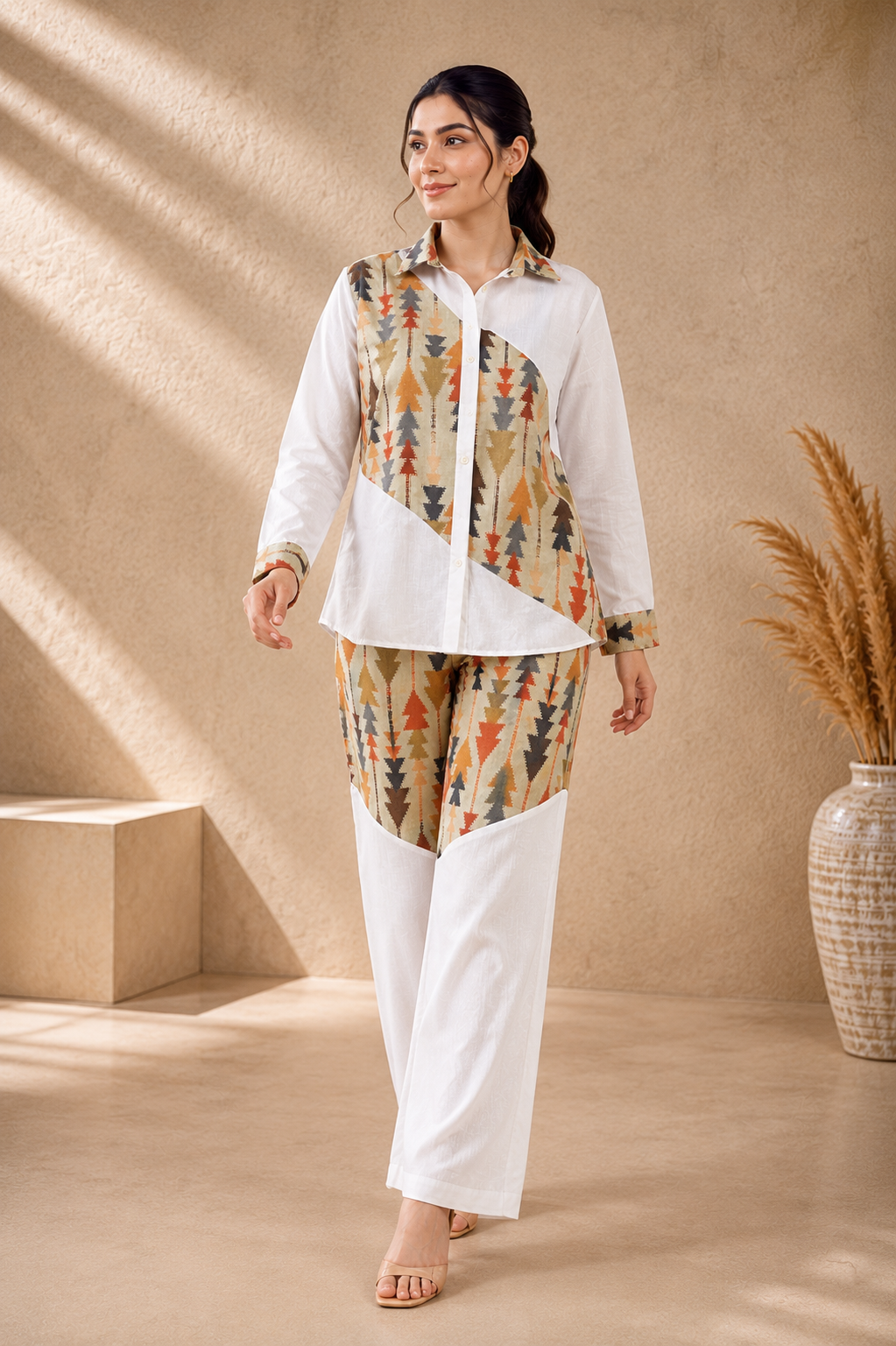 Pista Color Geometric Print Linen Co-Ord Set For Women