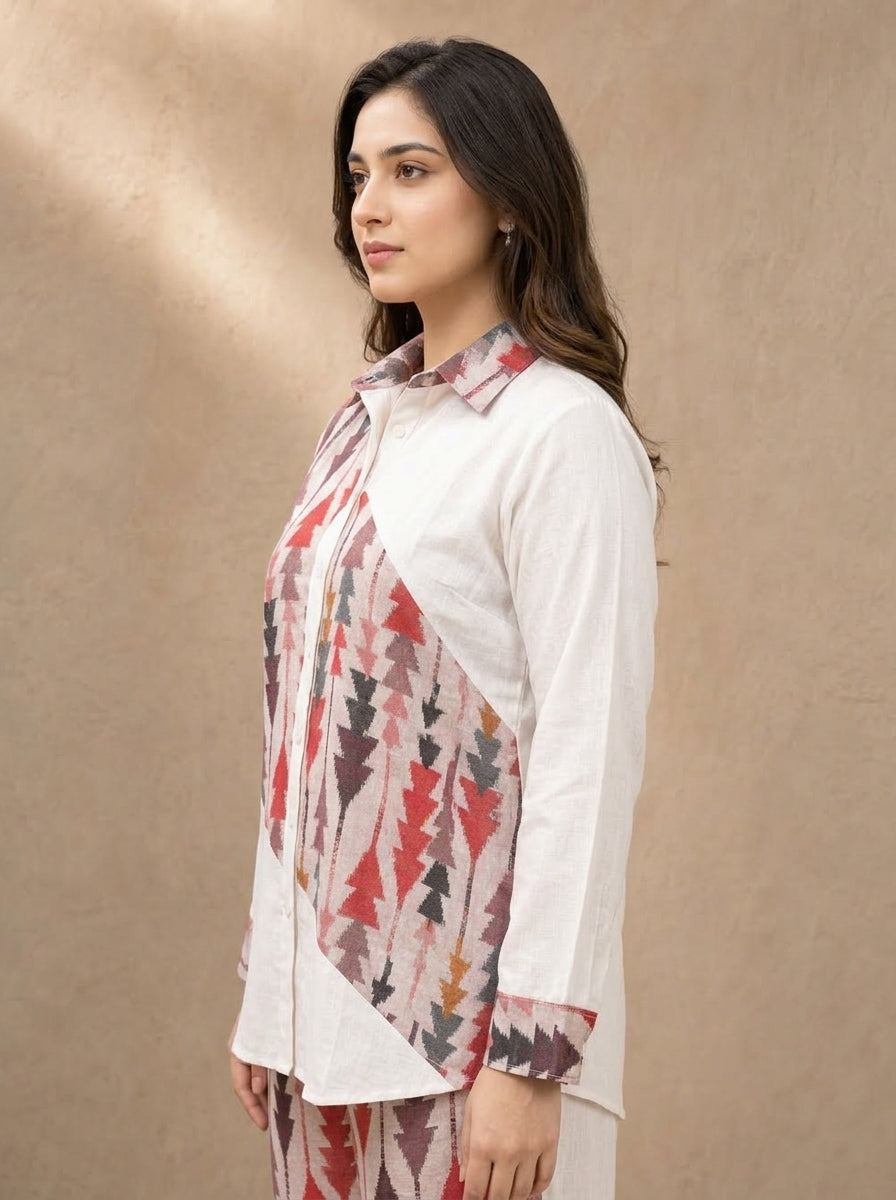 Pink Color ikkat Print Linen Shirt For Women