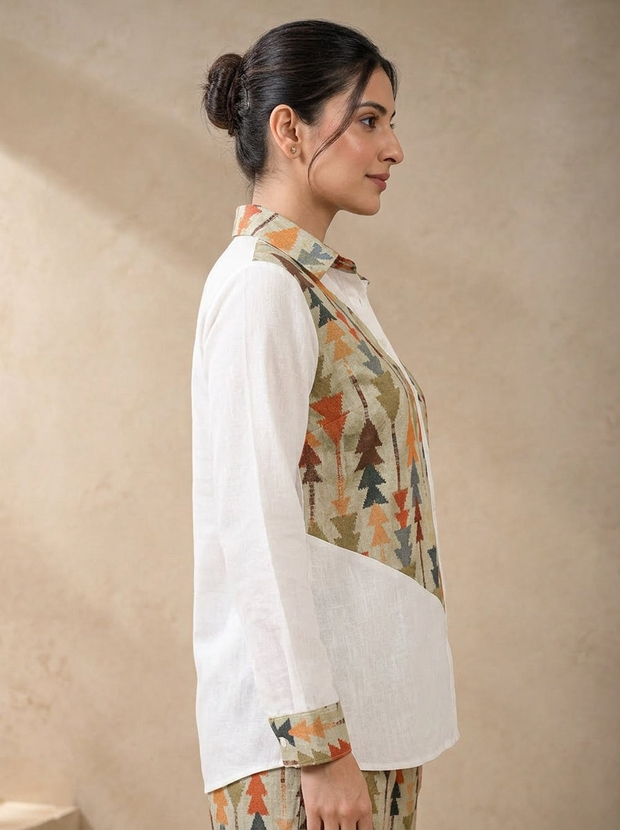 Pista Color Ikkat Print Linen Shirt For Women