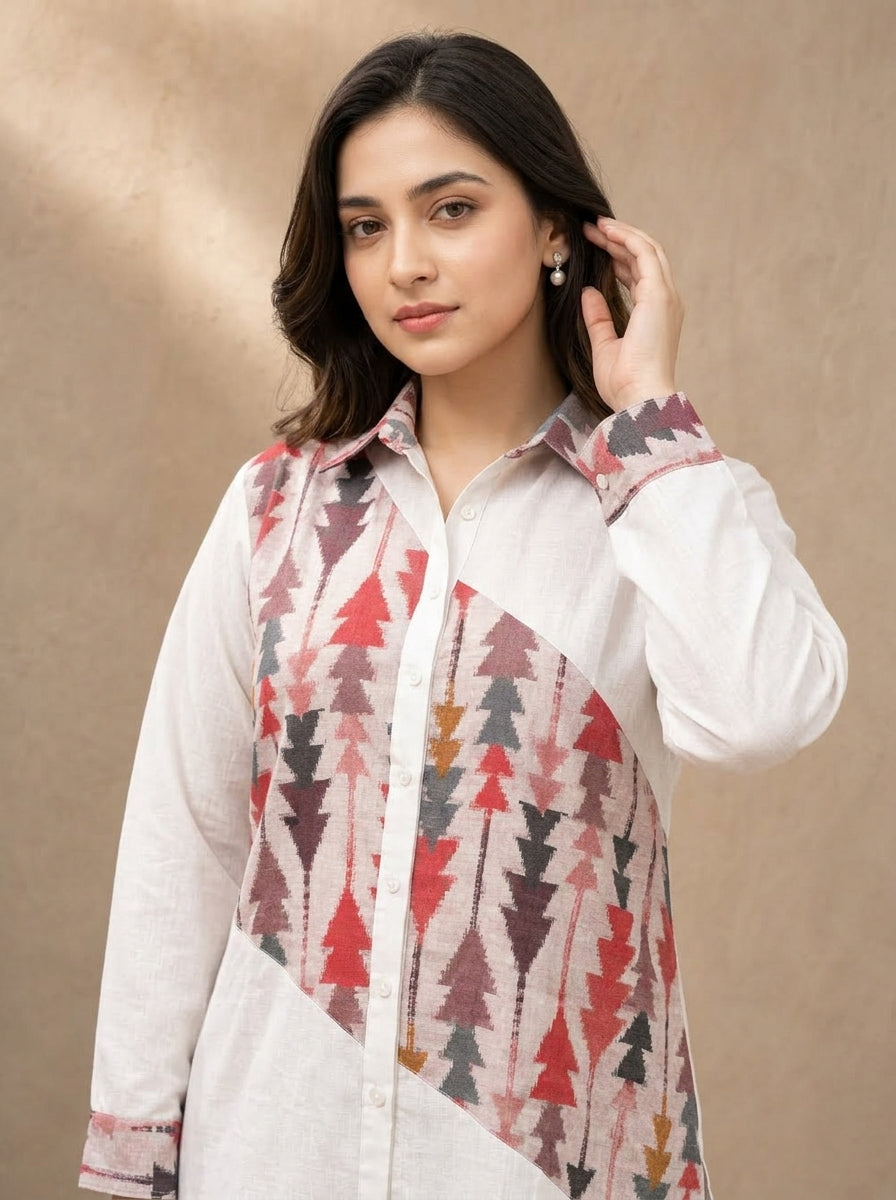 Pink Color ikkat Print Linen Shirt For Women