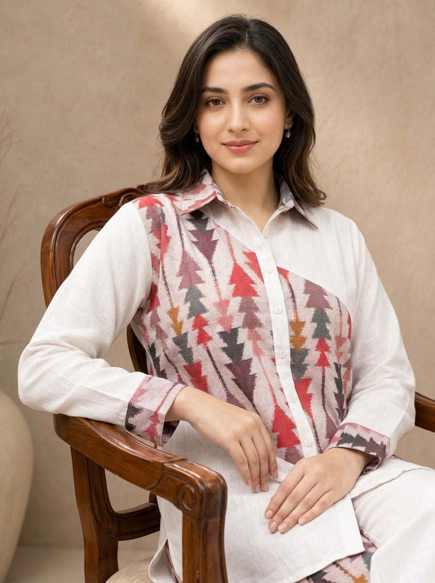 Pink Color ikkat Print Linen Shirt For Women