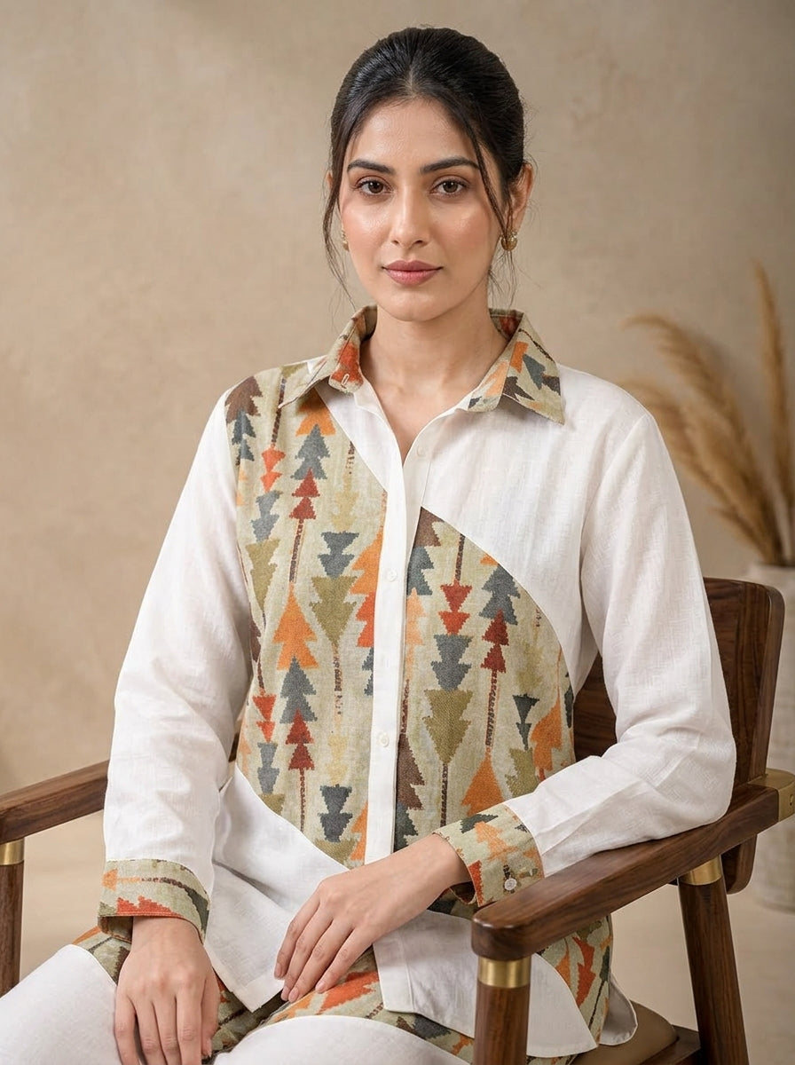 Pista Color Ikkat Print Linen Shirt For Women