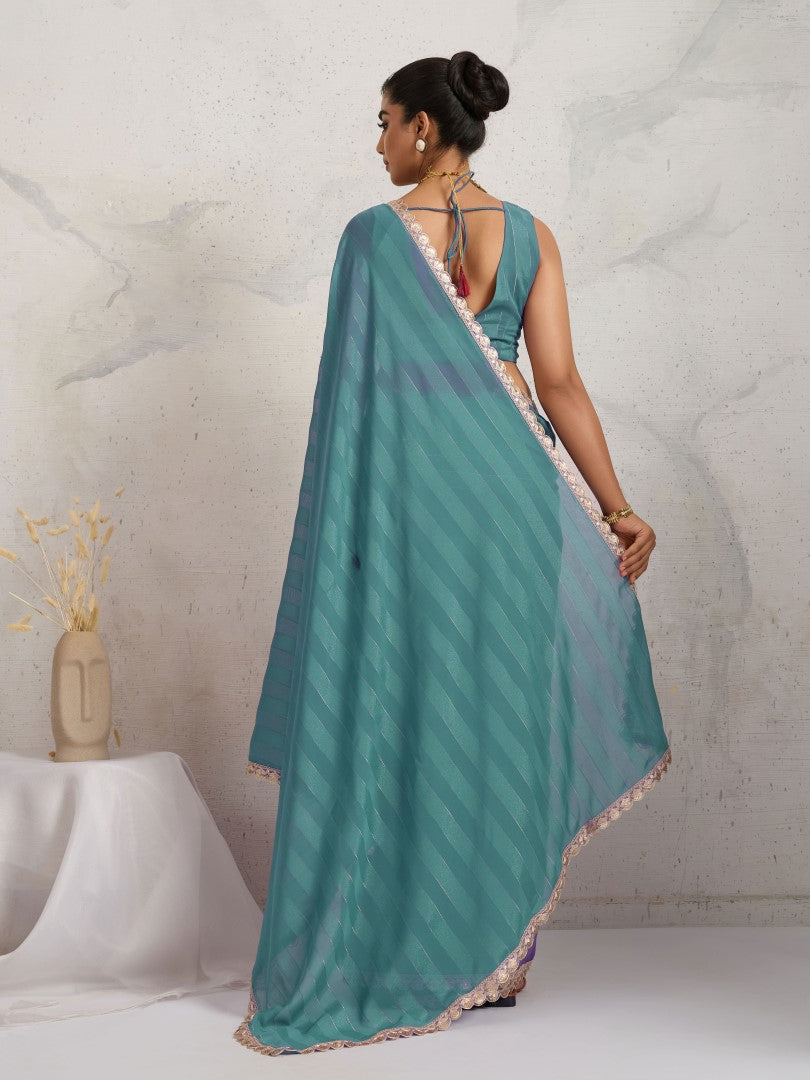 Sky Blue Striped Poly Georgette Party Wear Saree