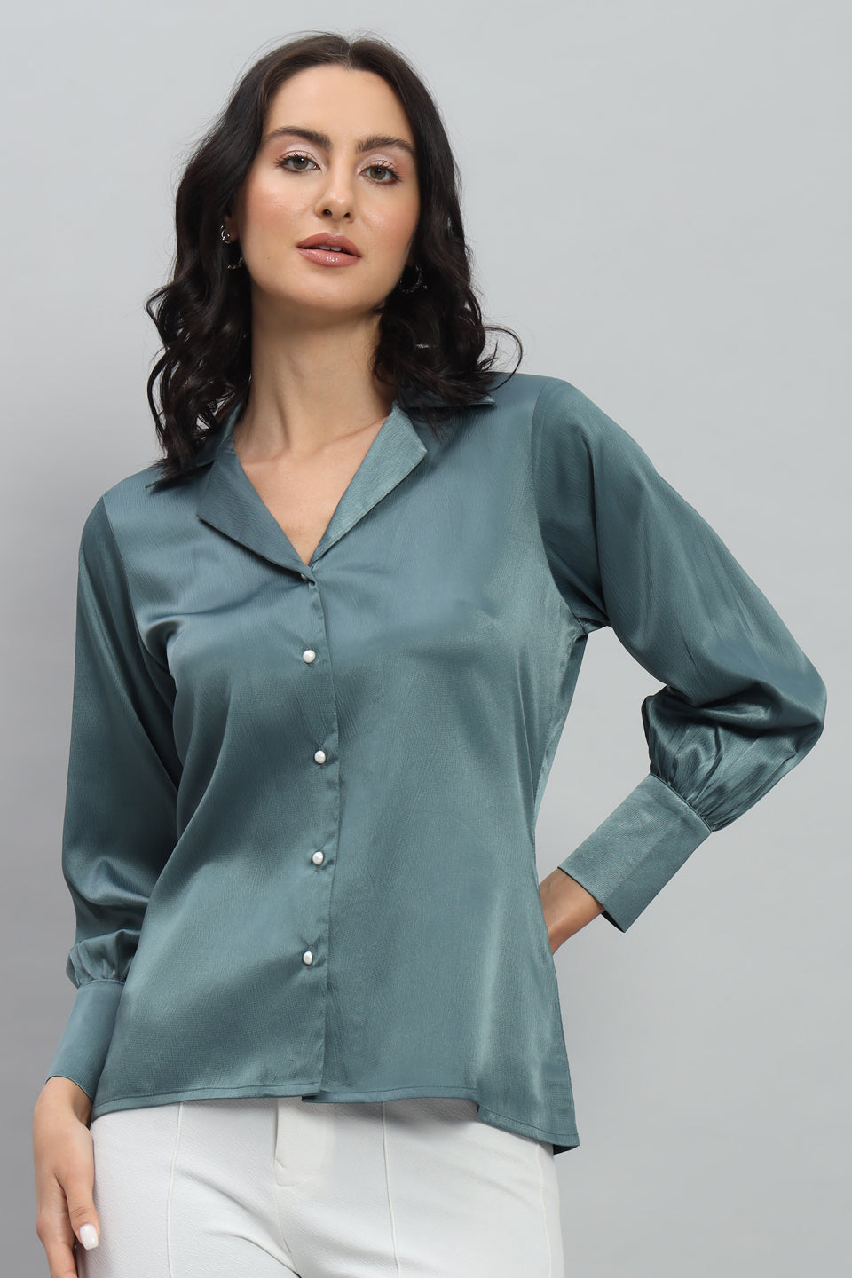 Womens Notched Designer Solid Satin Blue Shirt
