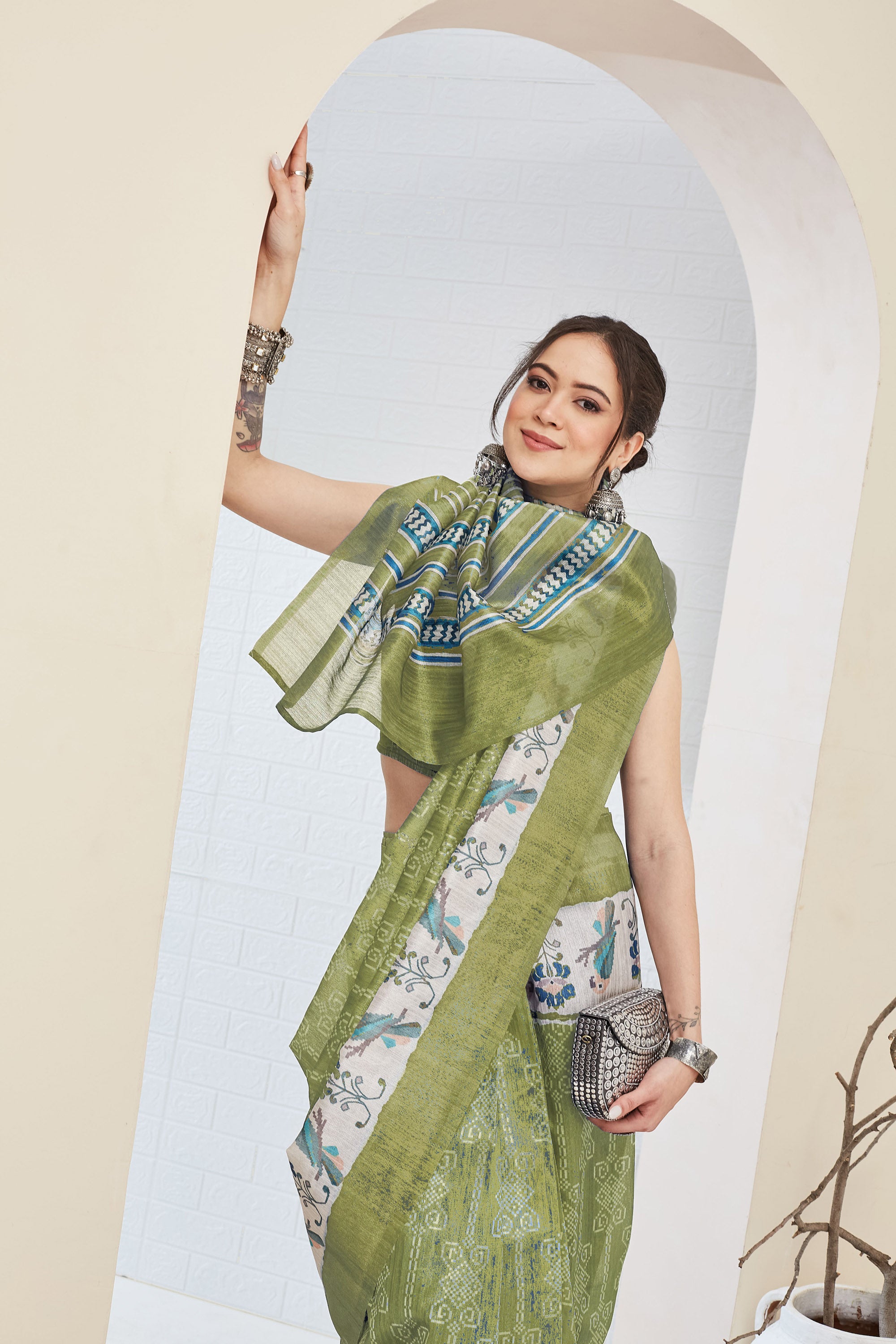 Green Warli Printed Silk Blend Ready To Wear Saree