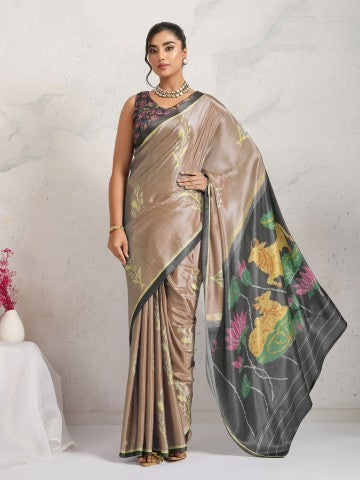 Brown Woven Design Satin Party Wear Saree
