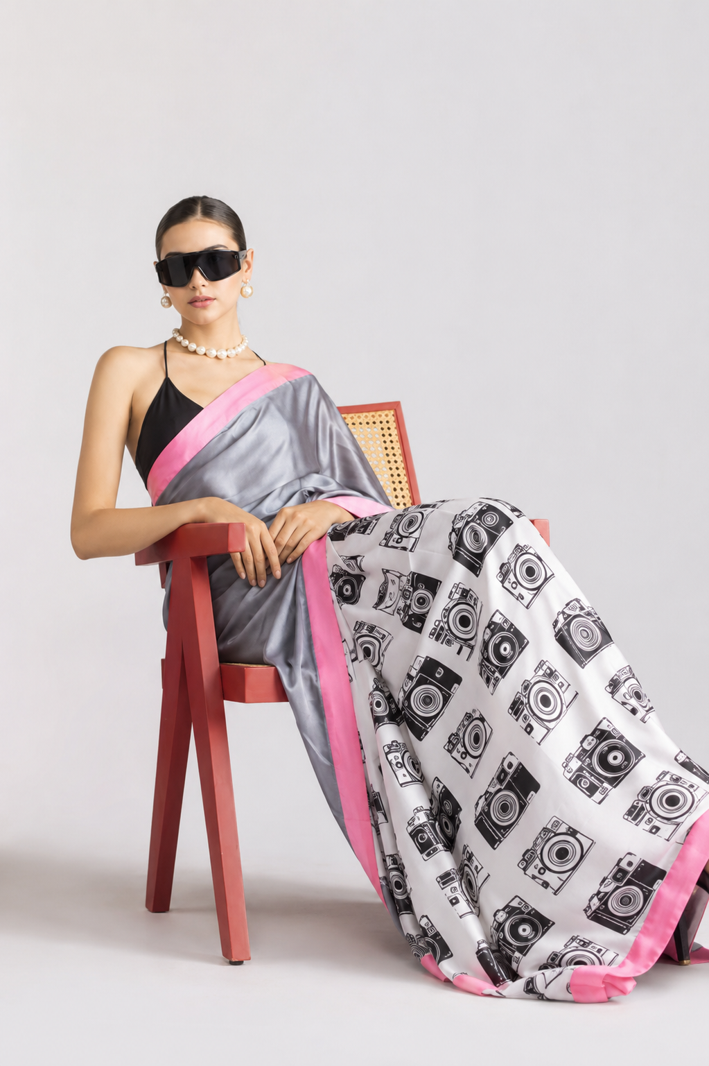 Grey Color Abstract Printed Satin Party Wear Saree