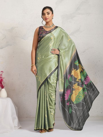Sea Green Ethnic Motifs Printed Satin Party Wear Saree