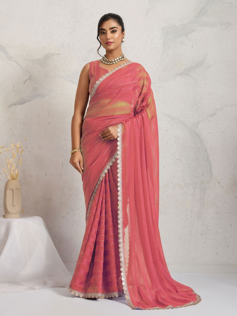 Red Striped Poly Georgette Saree with Embellished Border
