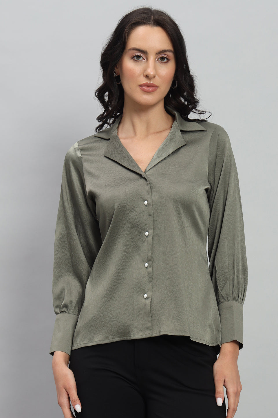 Womens Notched Designer Satin Solid Green Shirt