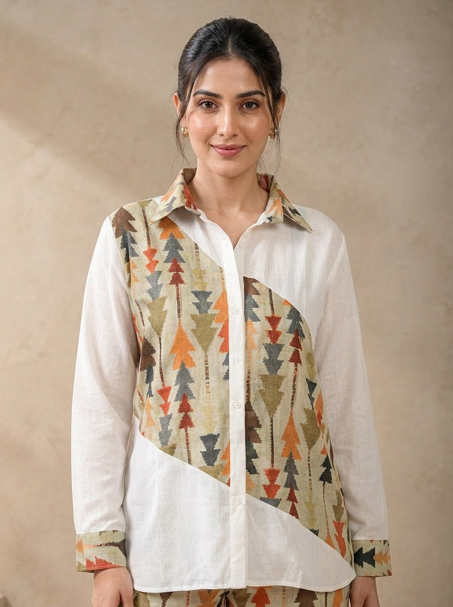 Pista Color Ikkat Print Linen Shirt For Women