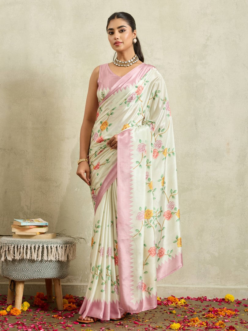 Off White Floral Printed Cotton Blend Saree with Woven Design Border