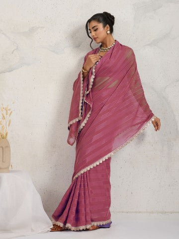 Pink Striped Poly Georgette Saree with Embellished Border