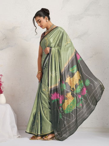 Sea Green Ethnic Motifs Printed Satin Party Wear Saree
