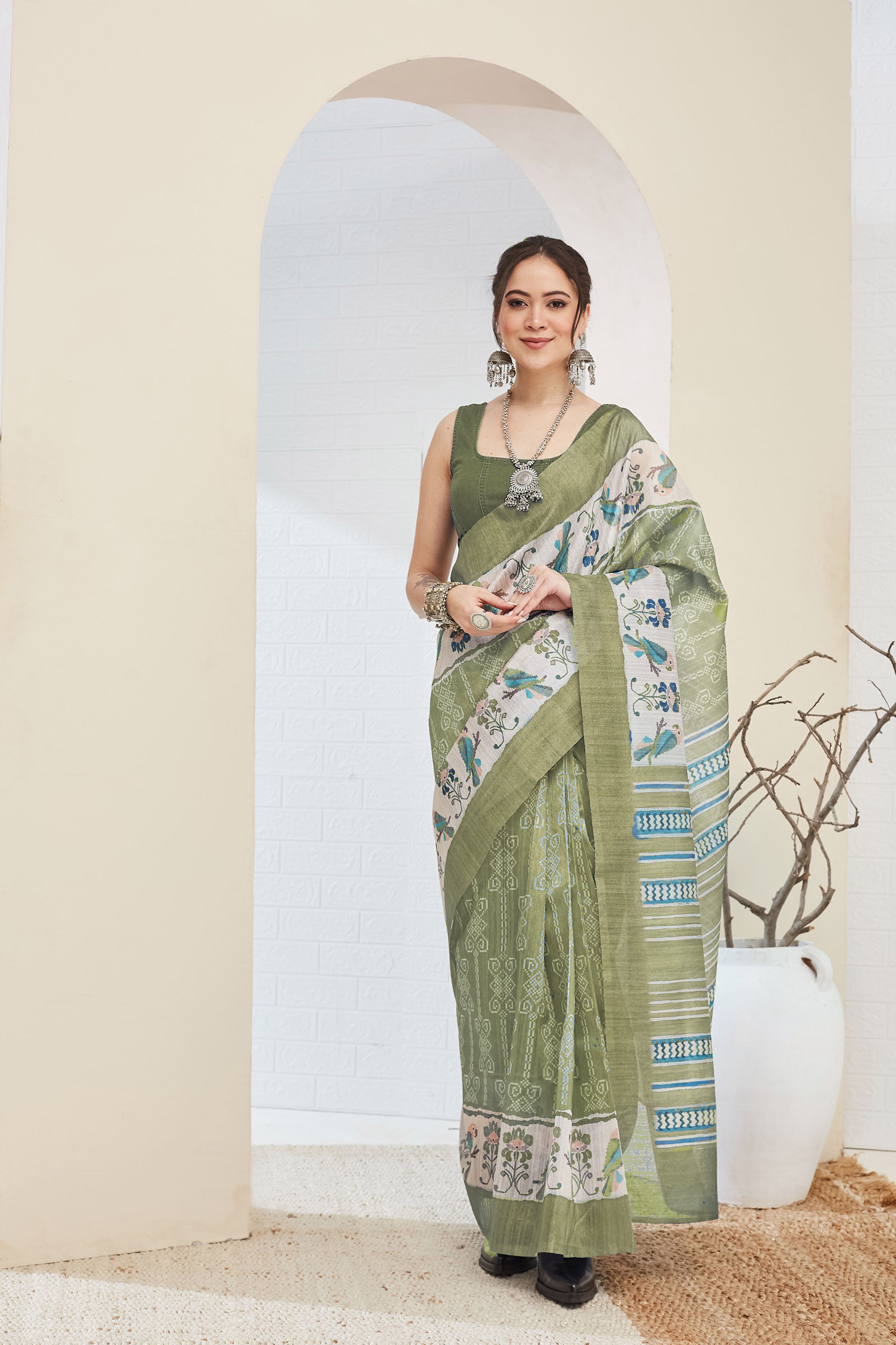 Green Warli Printed Silk Blend Ready To Wear Saree