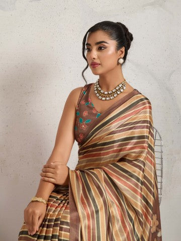 Brown Floral Printed Satin Party Wear Designer Saree
