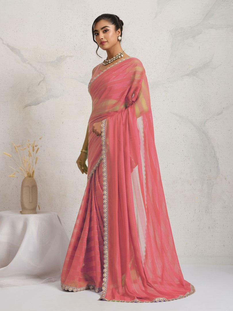 Red Striped Poly Georgette Saree with Embellished Border