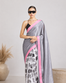 Grey Color Abstract Printed Satin Party Wear Saree