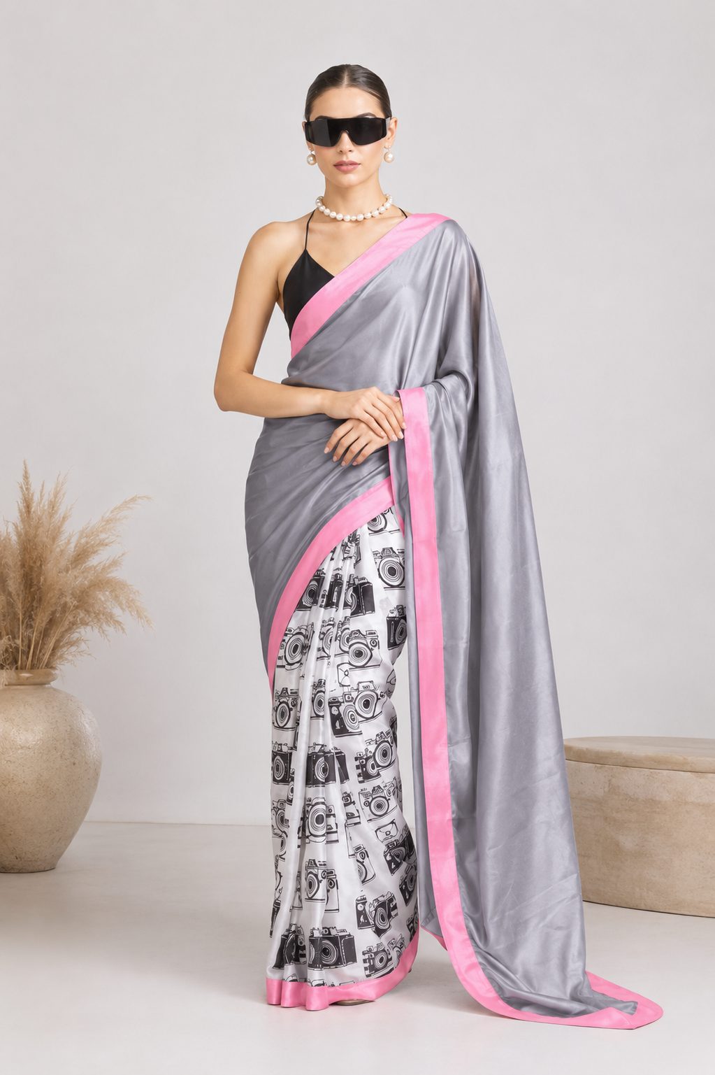 Grey Color Abstract Printed Satin Party Wear Saree