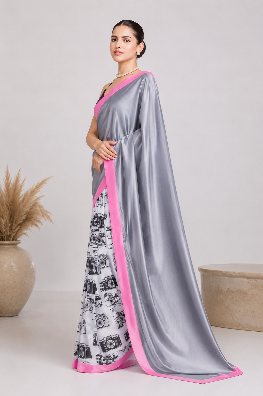 Grey Color Abstract Printed Satin Party Wear Saree