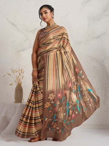 Brown Floral Printed Satin Party Wear Designer Saree