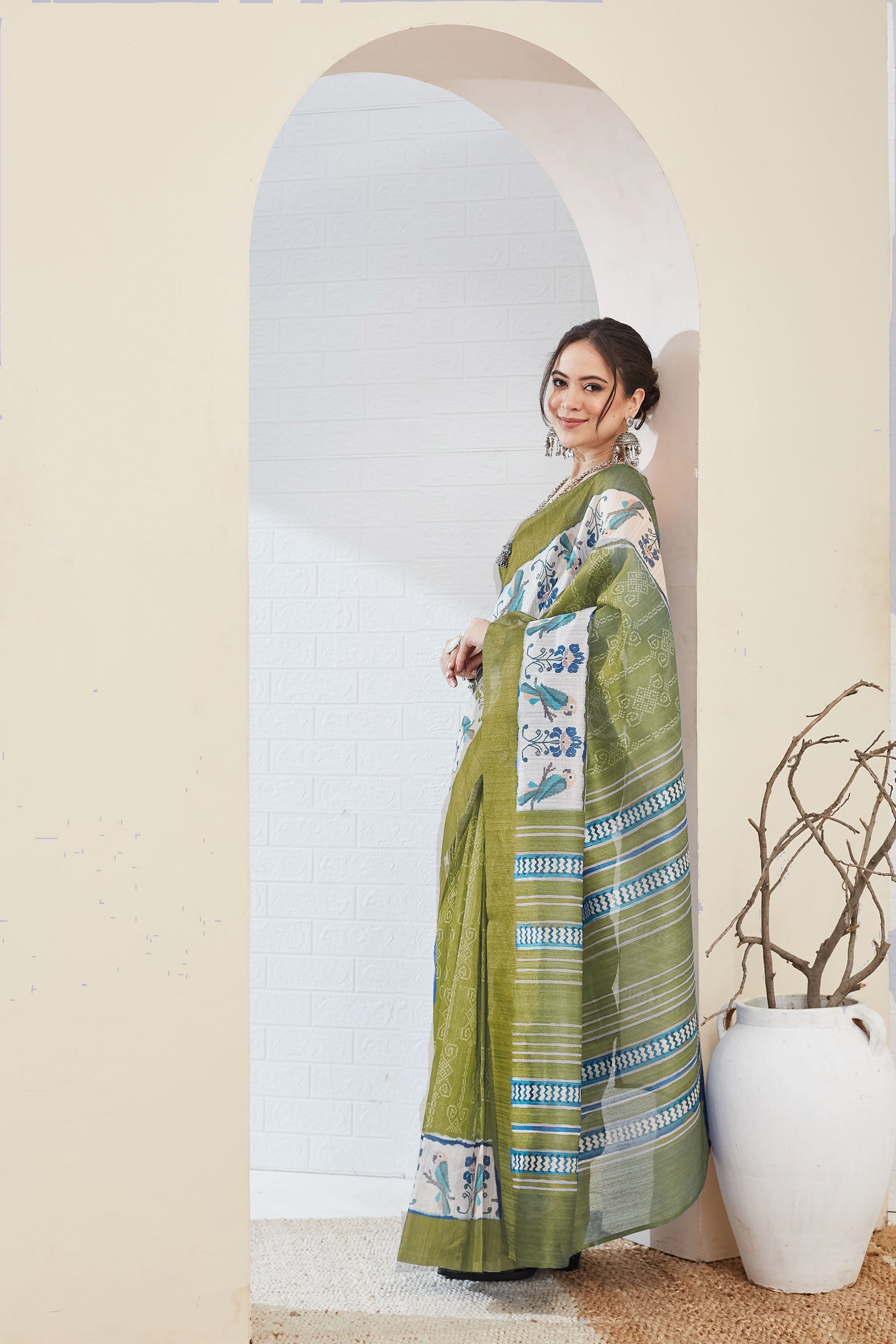Green Warli Printed Silk Blend Ready To Wear Saree
