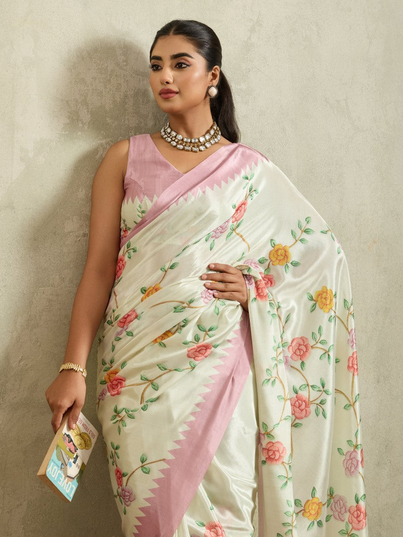 Off White Floral Printed Cotton Blend Saree with Woven Design Border