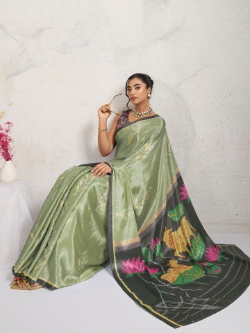 Sea Green Ethnic Motifs Printed Satin Party Wear Saree