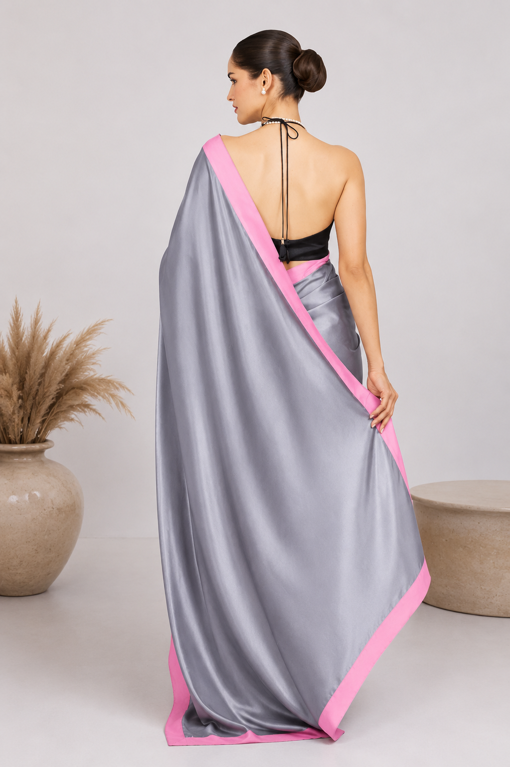 Grey Color Abstract Printed Satin Party Wear Saree