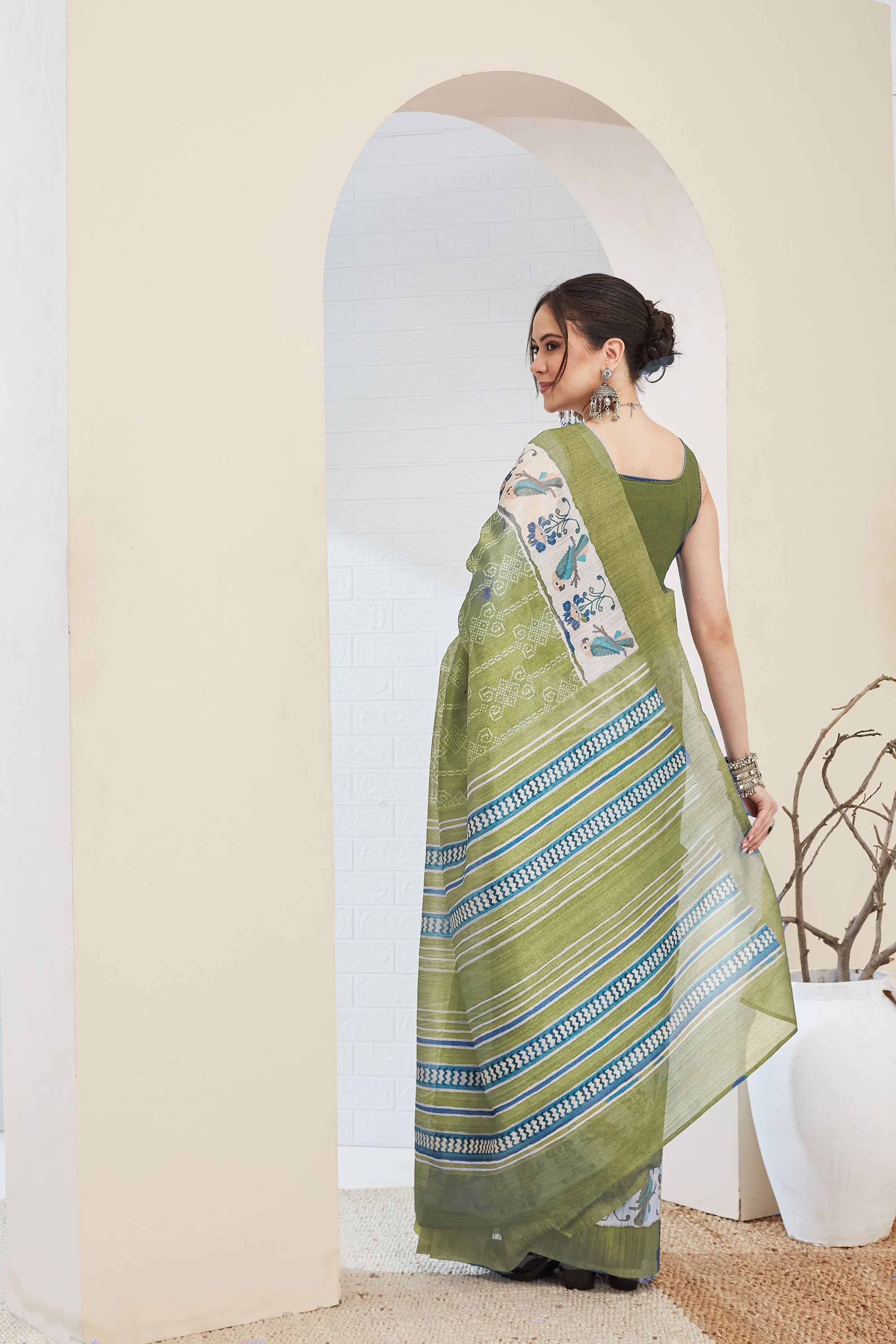 Green Warli Printed Silk Blend Ready To Wear Saree