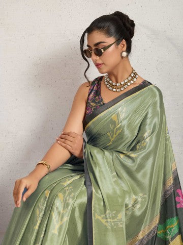 Sea Green Ethnic Motifs Printed Satin Party Wear Saree