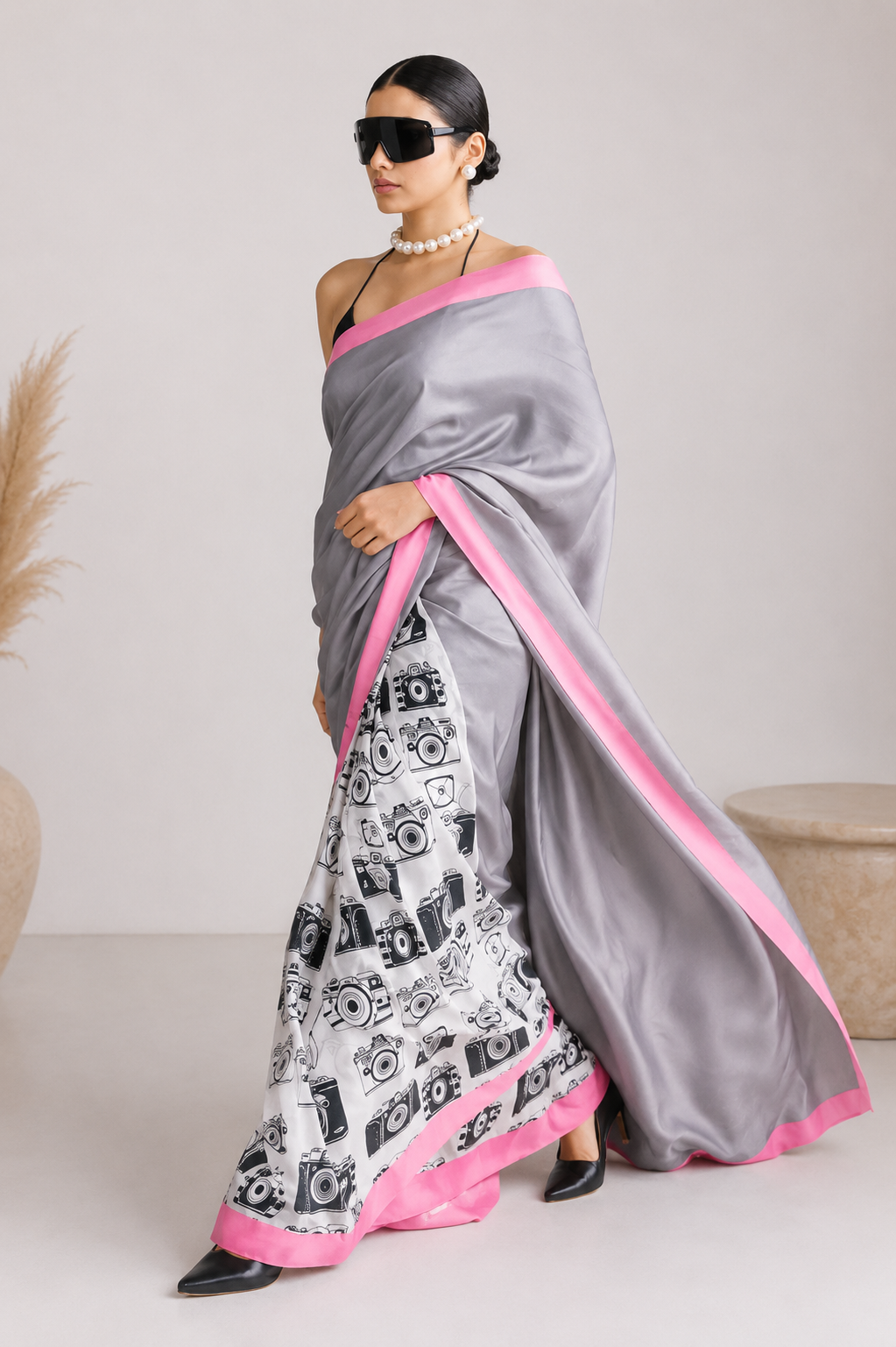 Grey Color Abstract Printed Satin Party Wear Saree