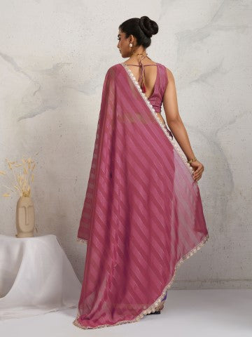 Pink Striped Poly Georgette Saree with Embellished Border