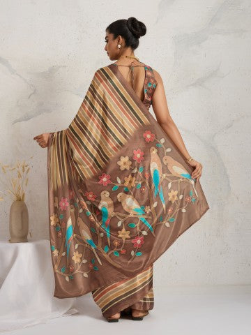 Brown Floral Printed Satin Party Wear Designer Saree