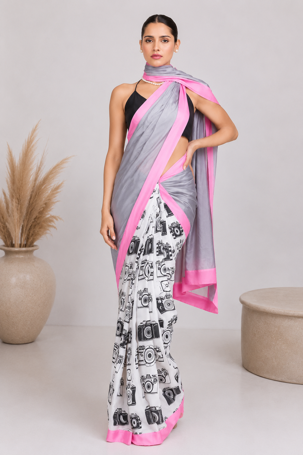 Grey Color Abstract Printed Satin Party Wear Saree