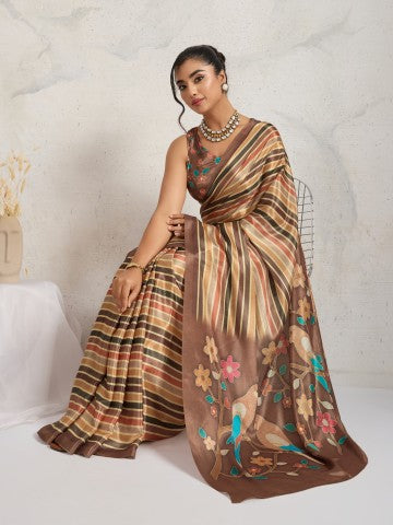 Brown Floral Printed Satin Party Wear Designer Saree
