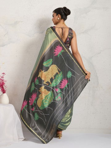 Sea Green Ethnic Motifs Printed Satin Party Wear Saree