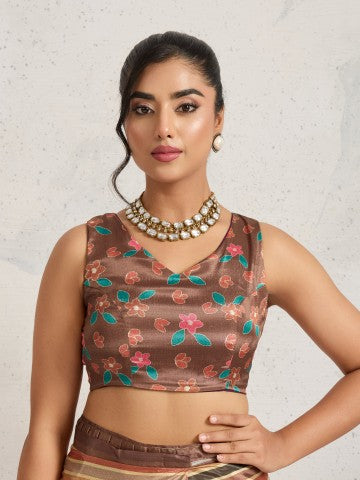 Brown Floral Printed Satin Party Wear Designer Saree