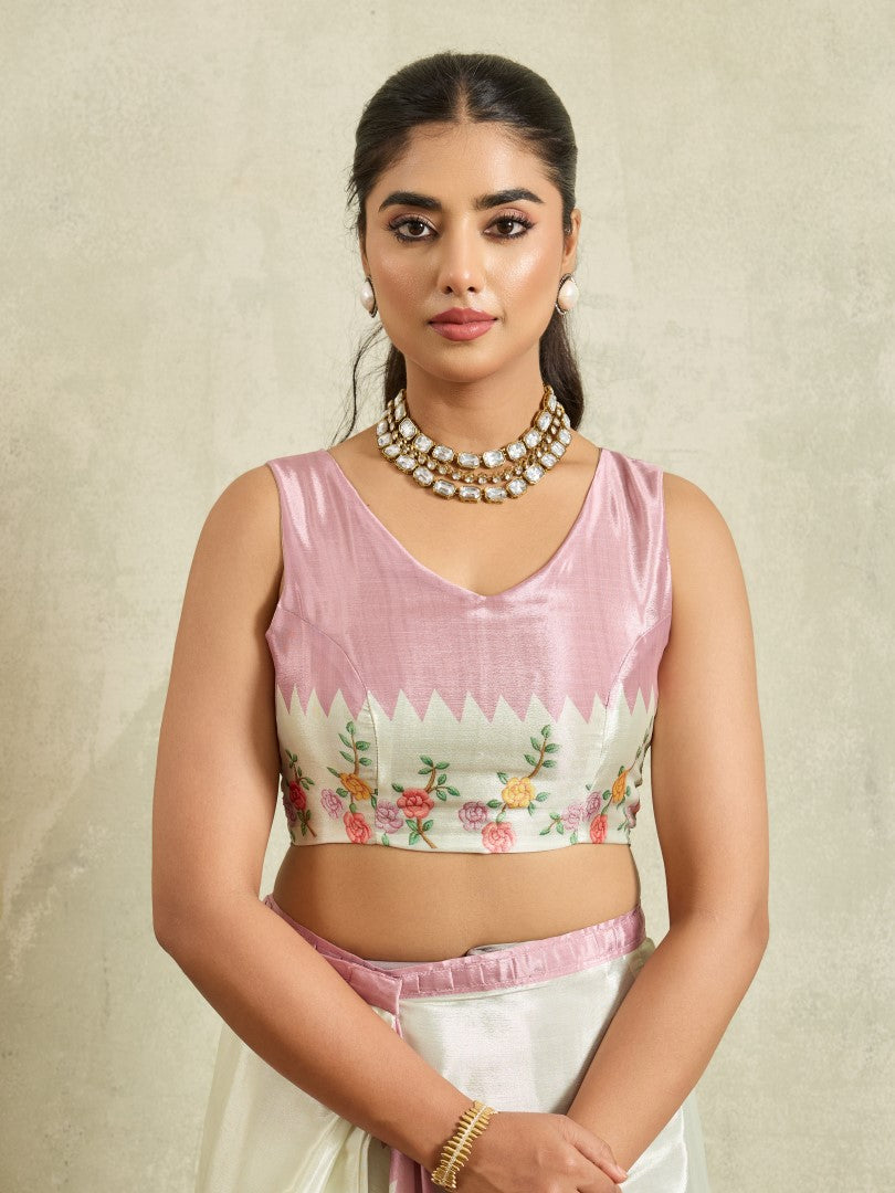 Off White Floral Printed Cotton Blend Saree with Woven Design Border