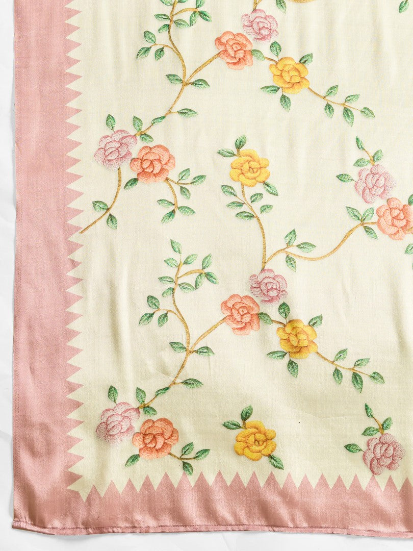 Off White Floral Printed Cotton Blend Saree with Woven Design Border