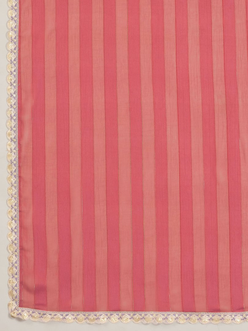 Red Striped Poly Georgette Saree with Embellished Border
