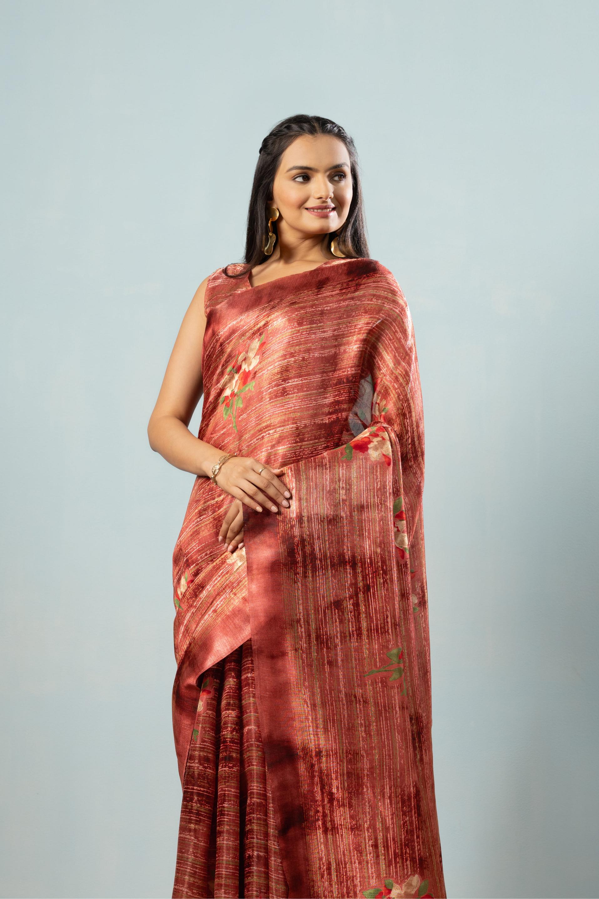 Stripes Floral Printed Banglori Silk Saree