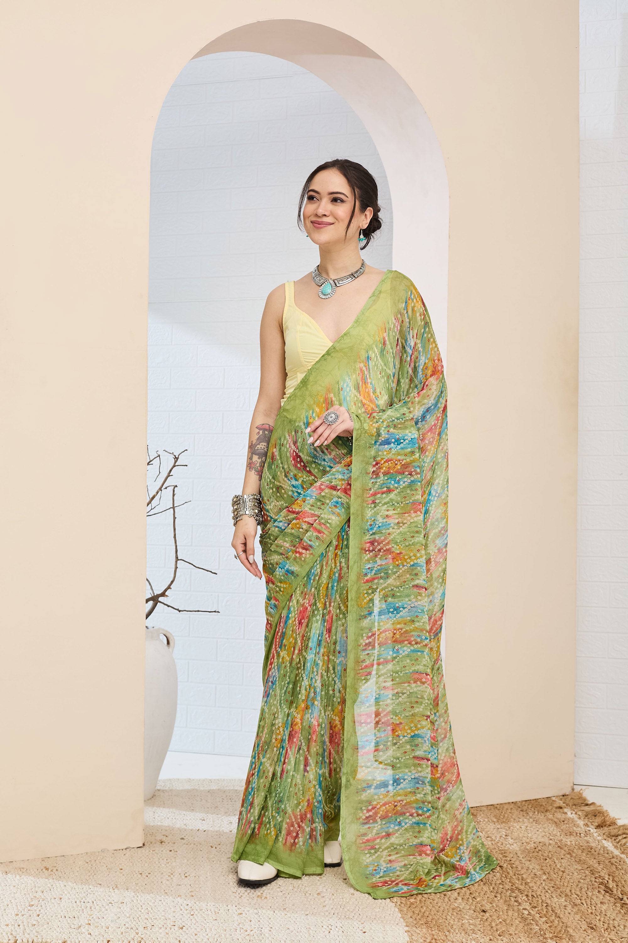 Beautiful Green Color Poly Chiffon Ready To Wear Saree