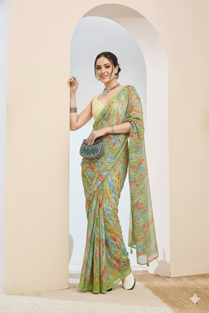Beautiful Green Color Poly Chiffon Ready To Wear Saree