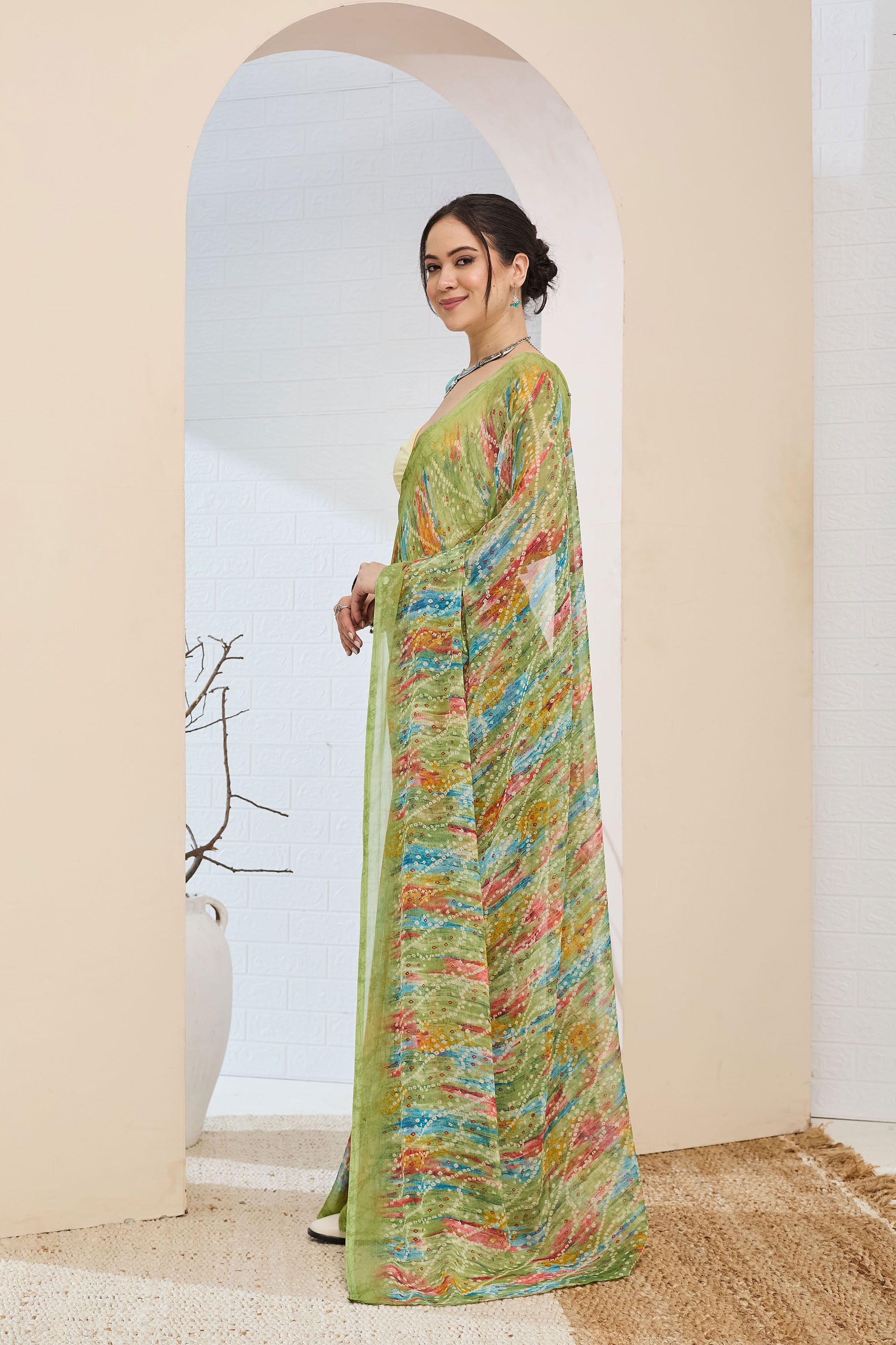 Beautiful Green Color Poly Chiffon Ready To Wear Saree